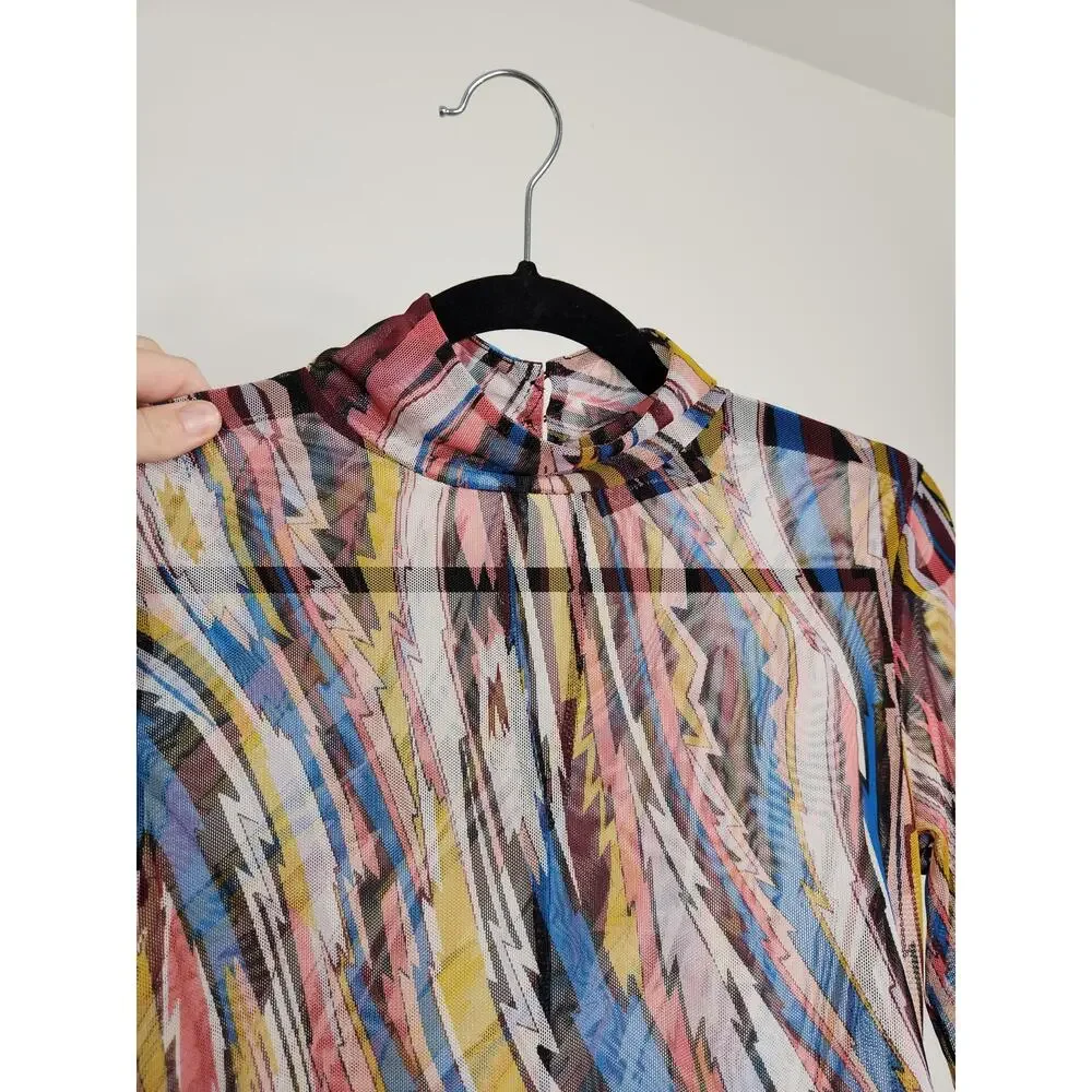 y2k Micromesh NY&Company Abstract Geometric All Over Stripes Long Sleeve Euro